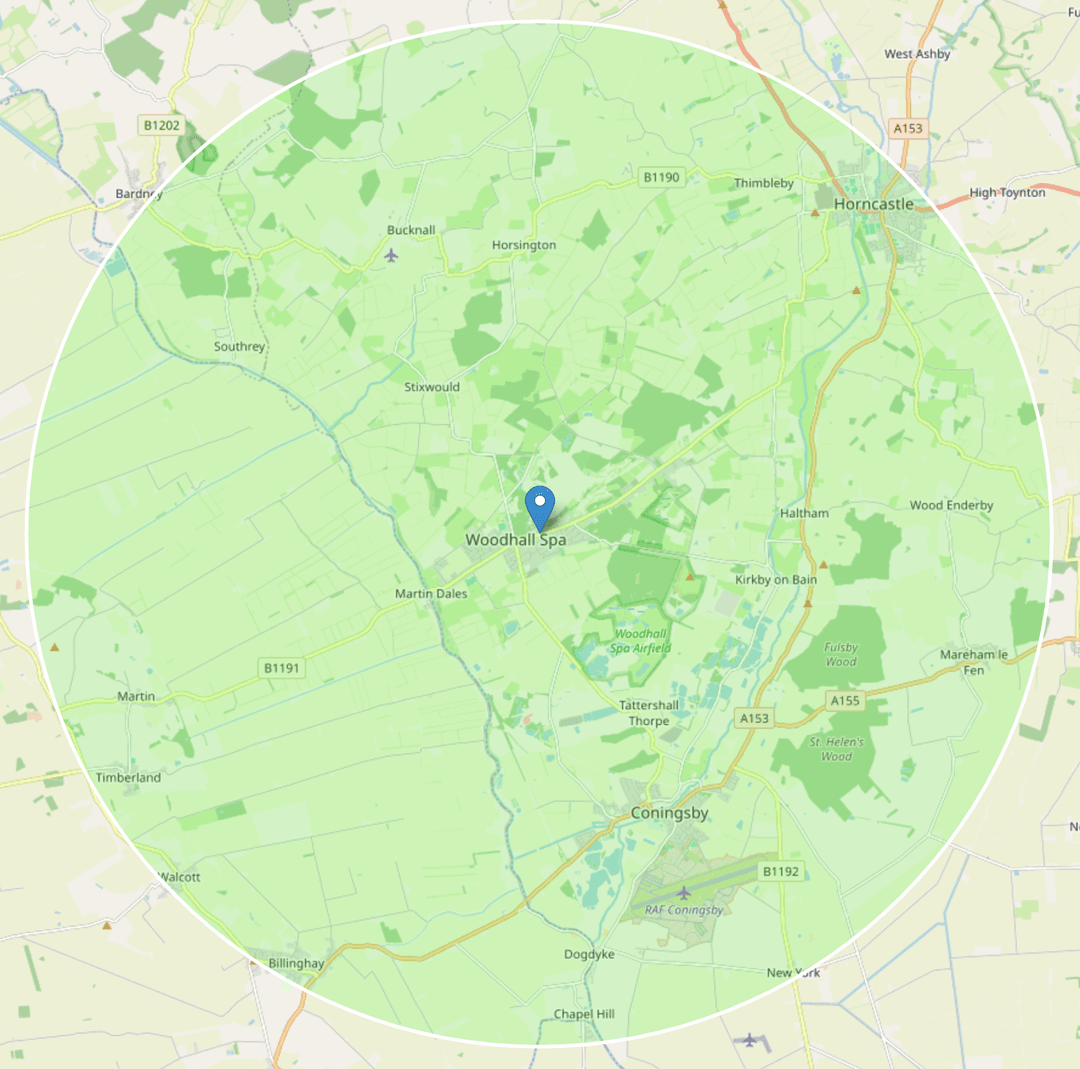 A map of Woodhall Spa with a 6 mile circle to show areas covered. The circle is 6 miles radius from the centre of Woodhall Spa, reaching as far as Horncastle and Bardney